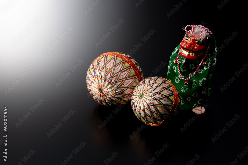 Naklejka premium 獅子舞と手鞠の和風イメージ