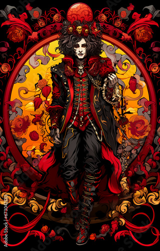 Illustration of Joker cards in mandala pattern, red, brown and black, vintage luxury colors Royal Clown 