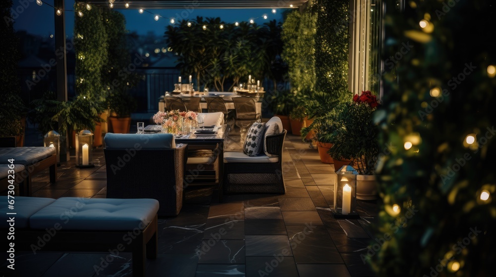 Outdoor terrace with comfortable seating. Generative AI