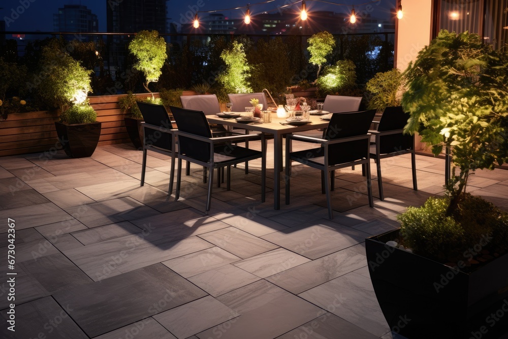 Outdoor terrace with comfortable seating. Generative AI Outdoor terrace with comfortable seating. Generative AI