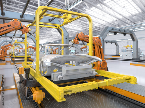 Automation automobile factory with robot assembly line manufacture ev car