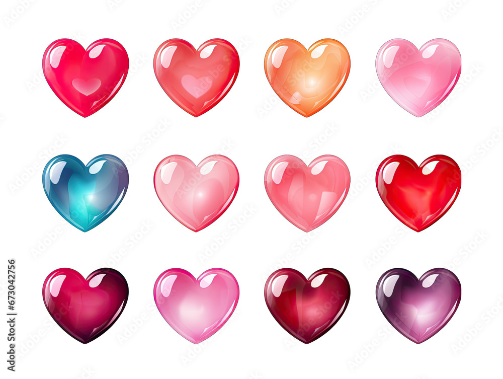 3D Hearts Icon Set Isolated on Transparent or White Background, PNG