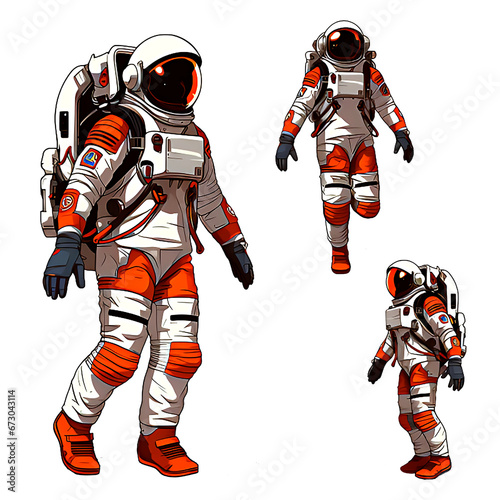 Set of astronaut in a space suit isolated on white or transparent background, various poses, png (ID: 673043114)