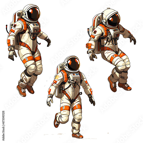 Set of astronaut in a space suit isolated on white or transparent background, various poses, png (ID: 673043128)