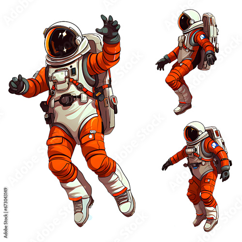 Set of astronaut in a space suit isolated on white or transparent background, various poses, png (ID: 673043149)
