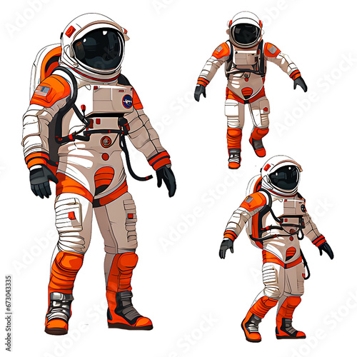 Set of astronaut in a space suit isolated on white or transparent background, various poses, png (ID: 673043335)
