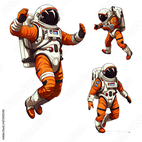 Set of astronaut in a space suit isolated on white or transparent background, various poses, png (ID: 673043340)