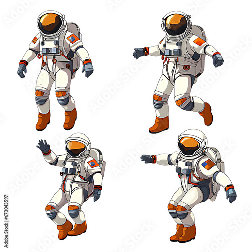 Set of astronaut in a space suit isolated on white or transparent background, various poses, png (ID: 673043597)