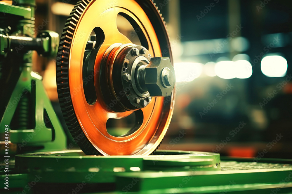 Photo of a detailed shot of a mechanical wheel on a tabletop. Modern metal processing at an industrial enterprise. Manufacturing of high-precision parts and mechanisms. - obrazy, fototapety, plakaty 