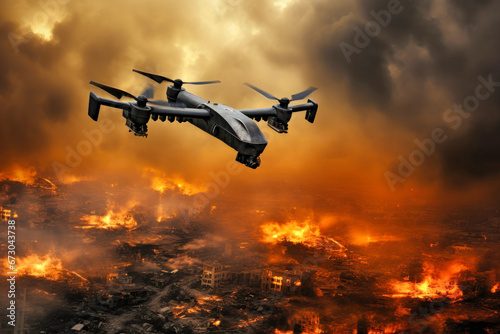 Military drone in flight observing positions. An unmanned aerial vehicle against the background of an explosion. War. Intelligence service. Modern weapons.