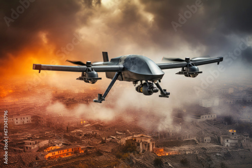 Military drone in flight observing positions. An unmanned aerial vehicle against the backdrop of a burning city. War. Reconnaissance and attack. Modern weapons.