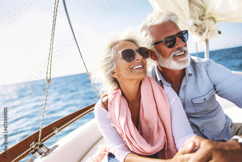An elderly couple sits in a boat or yacht against the backdrop of the sea. Happy and smiling. They look at the waves and hug. Sea voyage, vacation. Love and romance of older people.