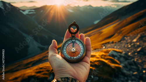 Hand holding a compass on the mountain in a bright morning. photo