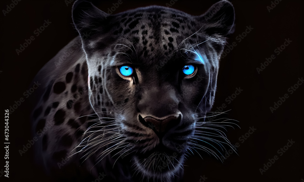 Black leopard in the dark with blue eyes, black background. Illustrations for interior decoration and living room