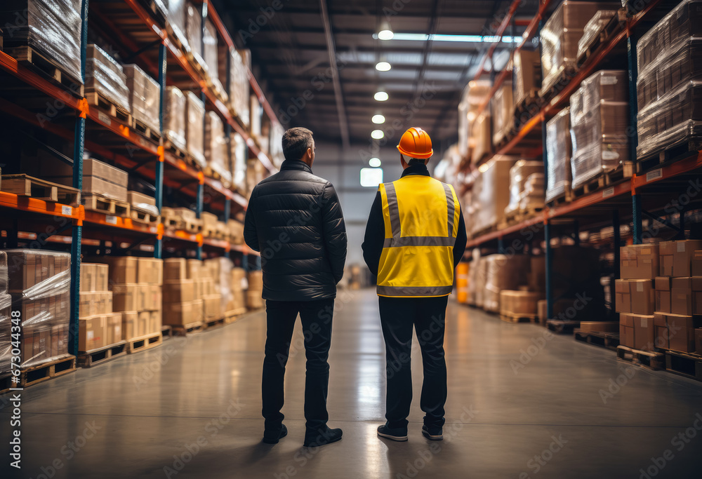 Portrait of middle aged worker standing in large warehouse , Employee in logistics company near warehouse racks Portrait of middle aged worker standing in large warehouse , Employee in logistics company near warehouse racks