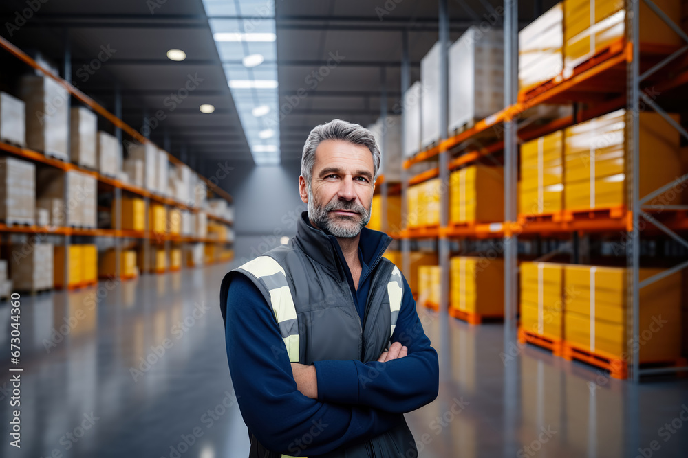 Fototapeta premium Portrait of middle aged worker standing in large warehouse , Employee in logistics company near warehouse racks