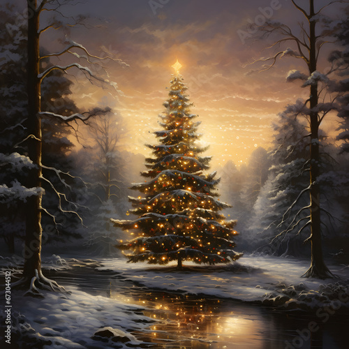 A fully decorated Christmas tree in cold forest ,some lights on tree and star on the top of tree and water lake infront of tree at night, merry christmas