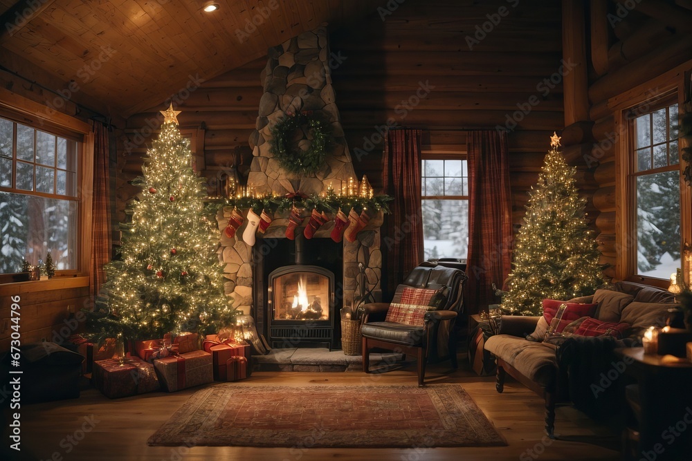 The beautiful guest room of the house in the forest is decorated with a Christmas tree, fireplace