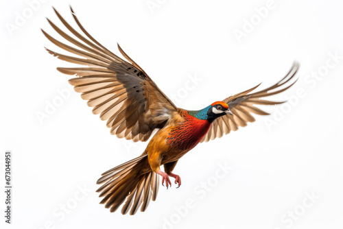 Flying pheasant on white background