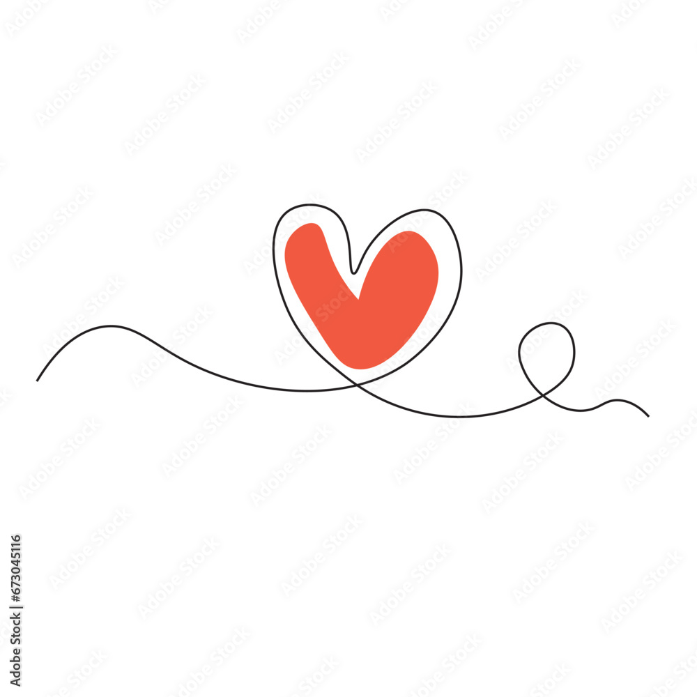 One continuous drawing of heart and color shape love sign.  Editable stroke. Doodle vector illustration