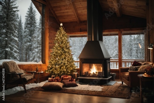 Beautiful New Year's interior of a village house in a snowy forest © liliyabatyrova