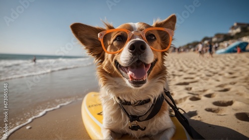 Surf's Up, Pup: Happy Dog with Sunglasses and Surfboard at the Beach (Generative AI)