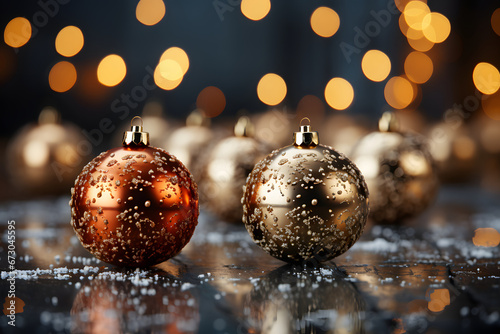 two focused ornamental Christmas hanging balls with droplets of water on it and some blur balls at the back with sparkling light falling in the background