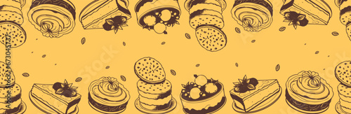Vector sketch of dessert sweets. Cake, pastries with a drop of syrup. sketch of desserts. A piece of cake with a berry is a handmade drawing. Vintage style illustration for cafe design.