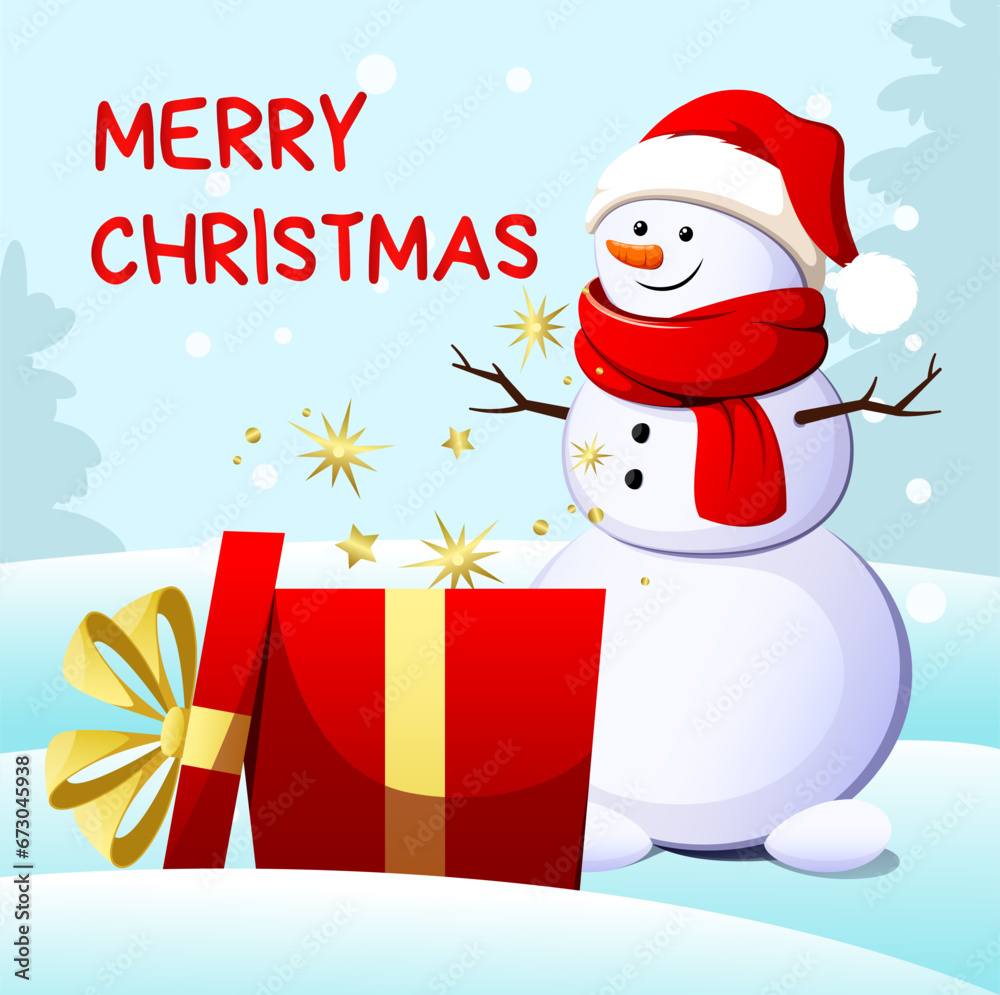 Festive Christmas card with a snowman and a gift. Vector illustration. Cartoon style. Festive Christmas card with a snowman and a gift. Vector illustration. Cartoon style.