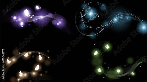 Set Abstract Collection Dark Background With Butterflies Insects Glow Light Shine Flashes Vector Design Style