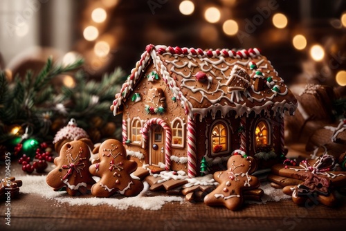 A beautiful elegant gingerbread house is decorated with green, red, white glaze. Gingerbread man decorate New Year's table, close up