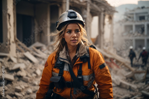 A beautiful European woman participates in search and rescue operations after the disaster. Emergency concepts
