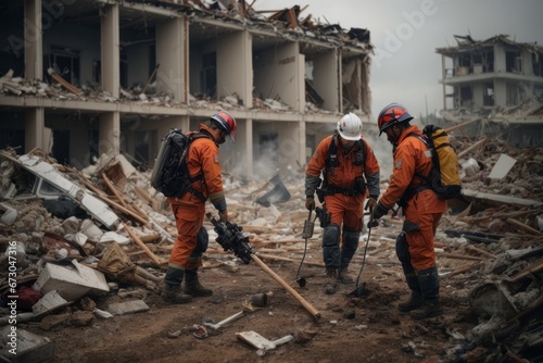 Male rescuers wearing orange uniforms and helmets dismantle the rubble, looking for survivors after the earthquake