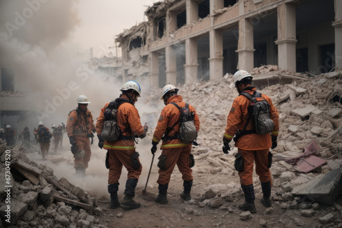 Search and rescue forces searching through a destroyed building. Emergency, natural disaster concepts photo