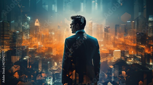 Urban Dreamer Concept. Businessman in front of the night cityscape