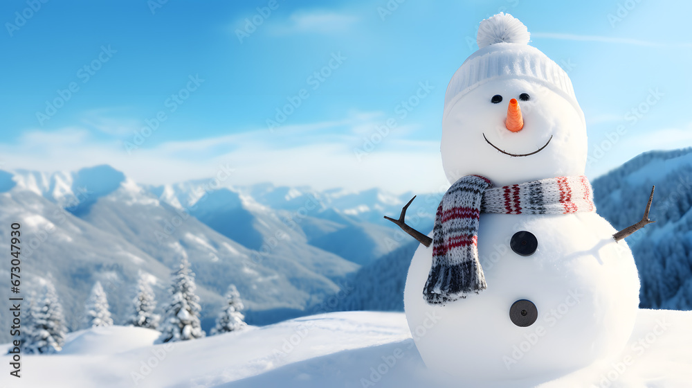 Obraz premium snowman using scarf and knitted hat on a pile of snow with winter background copy space