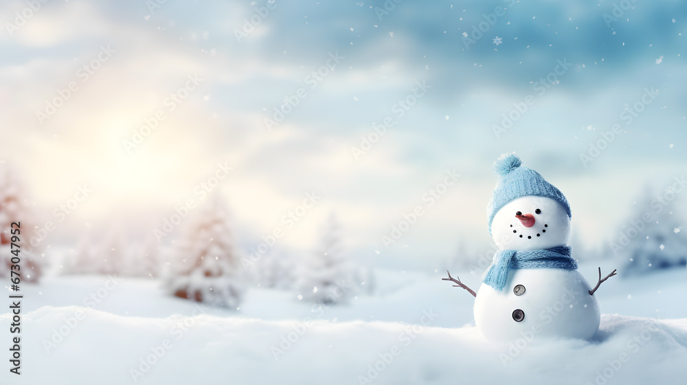 Obraz premium snowman using scarf and knitted hat on a pile of snow with winter background copy space