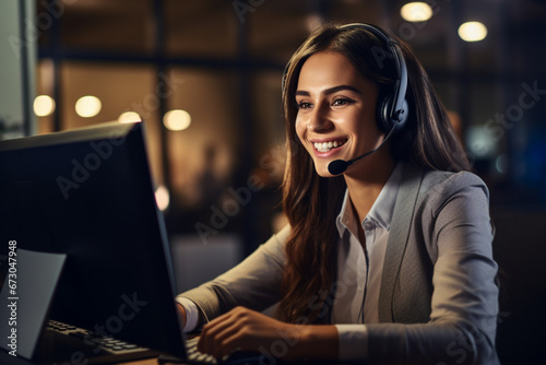 Contact us, customer service and telemarketing call center agent using her laptop and headset in the office, Portrait of a woman at our sales help desk job, smile and working to tell you about us