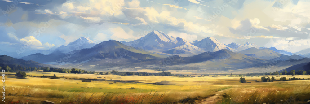 Fields and mountains. Panoramic view. Digital art. Fields and mountains. Panoramic view. Digital art.