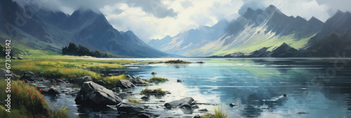 Lake, forest and mountains. Panoramic view. Digital art.