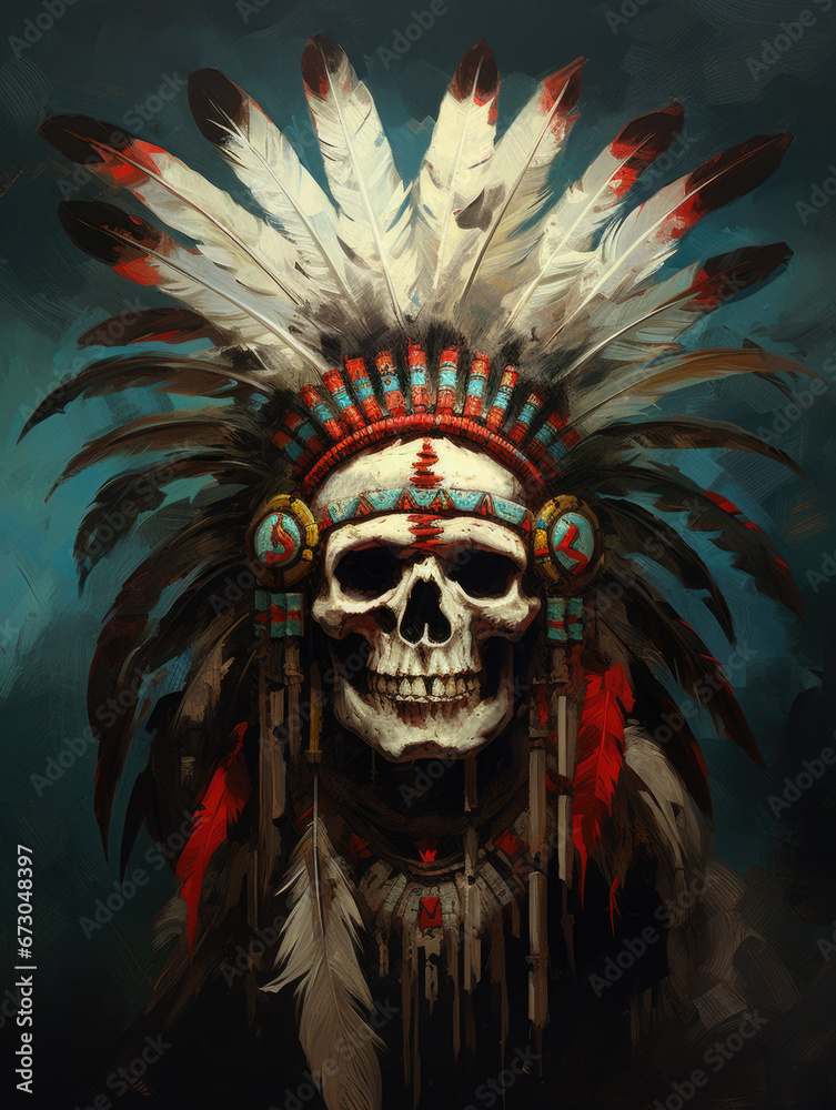 Indian skull with feathered headdress. Digital painting style.
