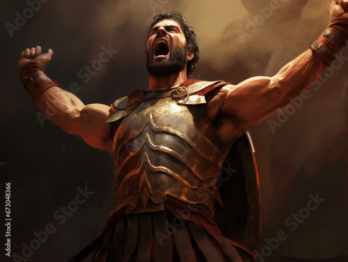 Fotografia Roman warrior with his arms raised in the air.