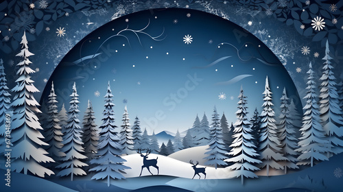 paper cut christmas with house tree reindeer and and moon on white snow winter background photo