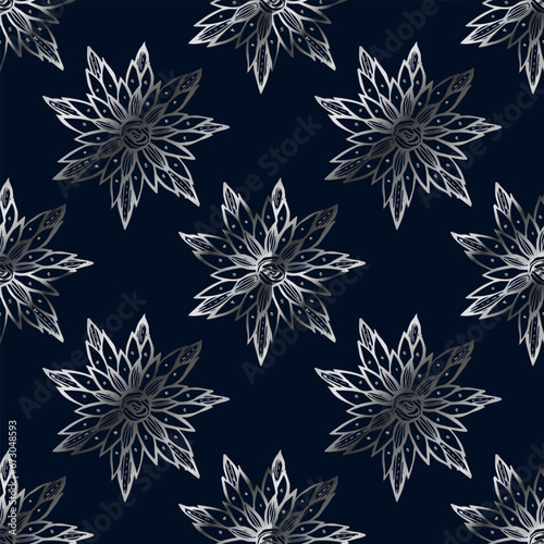 Floral seamless pattern. Texture for your packaging design, wallpaper, wrapping paper, fabric, cover. Fine silver on a blue background.