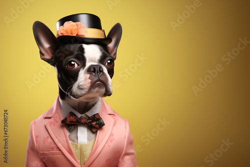Creative animal concept. Boston Terrier dog puppy in glam fashionable couture high end outfits isolated on bright background advertisement, copy space. birthday party invite invitation banner  