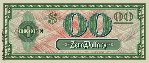 Vector sample green paper check of 0 dollars. Bill with a frame and guilloche. Vintage cheque. Zero