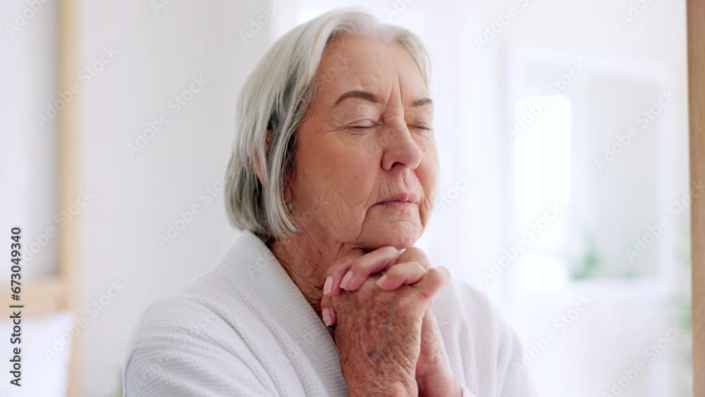 Home, religion and senior woman with peace, praying and spiritual with faith, guidance and wellness. Apartment, old person and elderly lady with hope, gratitude and Christian with retirement and calm Home, religion and senior woman with peace, praying and spiritual with faith, guidance and wellness. Apartment, old person and elderly lady with hope, gratitude and Christian with retirement and calm