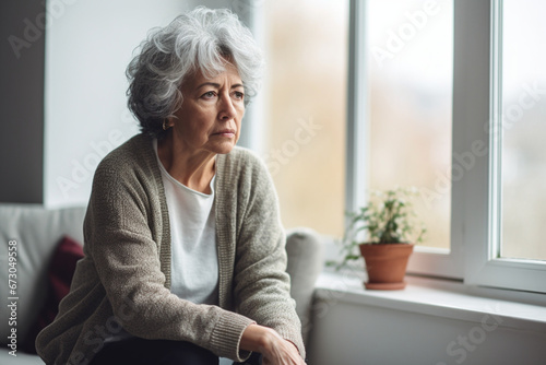 Depression, sad and senior woman by window looking, upset, lonely and unhappy in retirement home, Mental health, loneliness and and depressed elderly female thinking of problem, issues and crisis photo