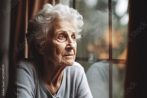 Depression, sad and senior woman by window looking, upset, lonely and unhappy in retirement home, Mental health, loneliness and and depressed elderly female thinking of problem, issues and crisis photo