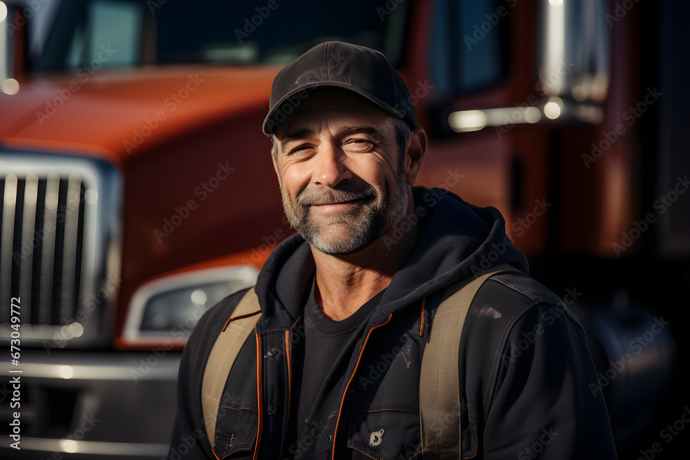 A middle aged trucker standing by his truck in the US, smiling for a portrait, A middle aged trucker standing by his truck in the US, smiling for a portrait,